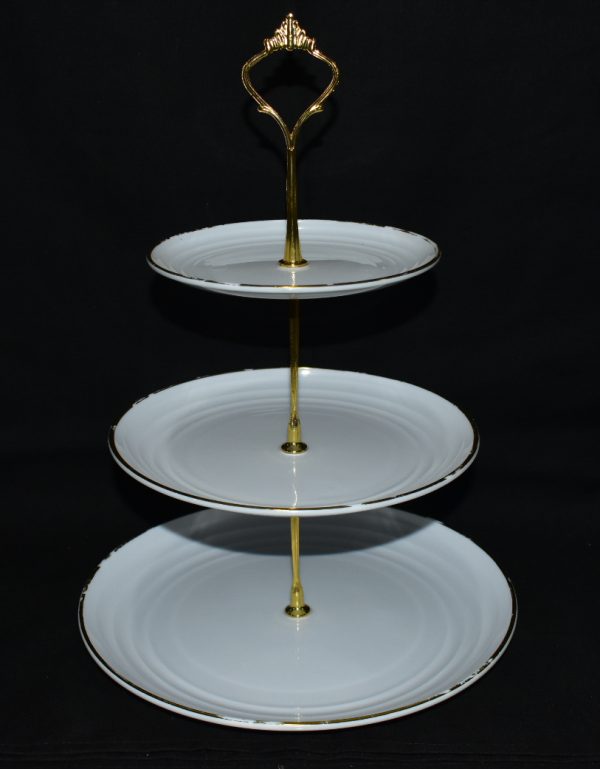 CUPCAKE STAND WHITE/GOLD ROUND EMBOSSED